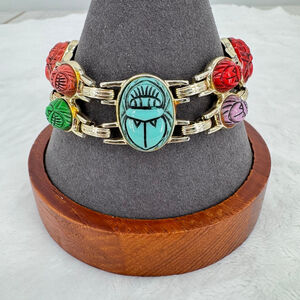 Egyptian Scarab Link Bracelet Orange Green Turquoise Red Beads Gold Tone Metal